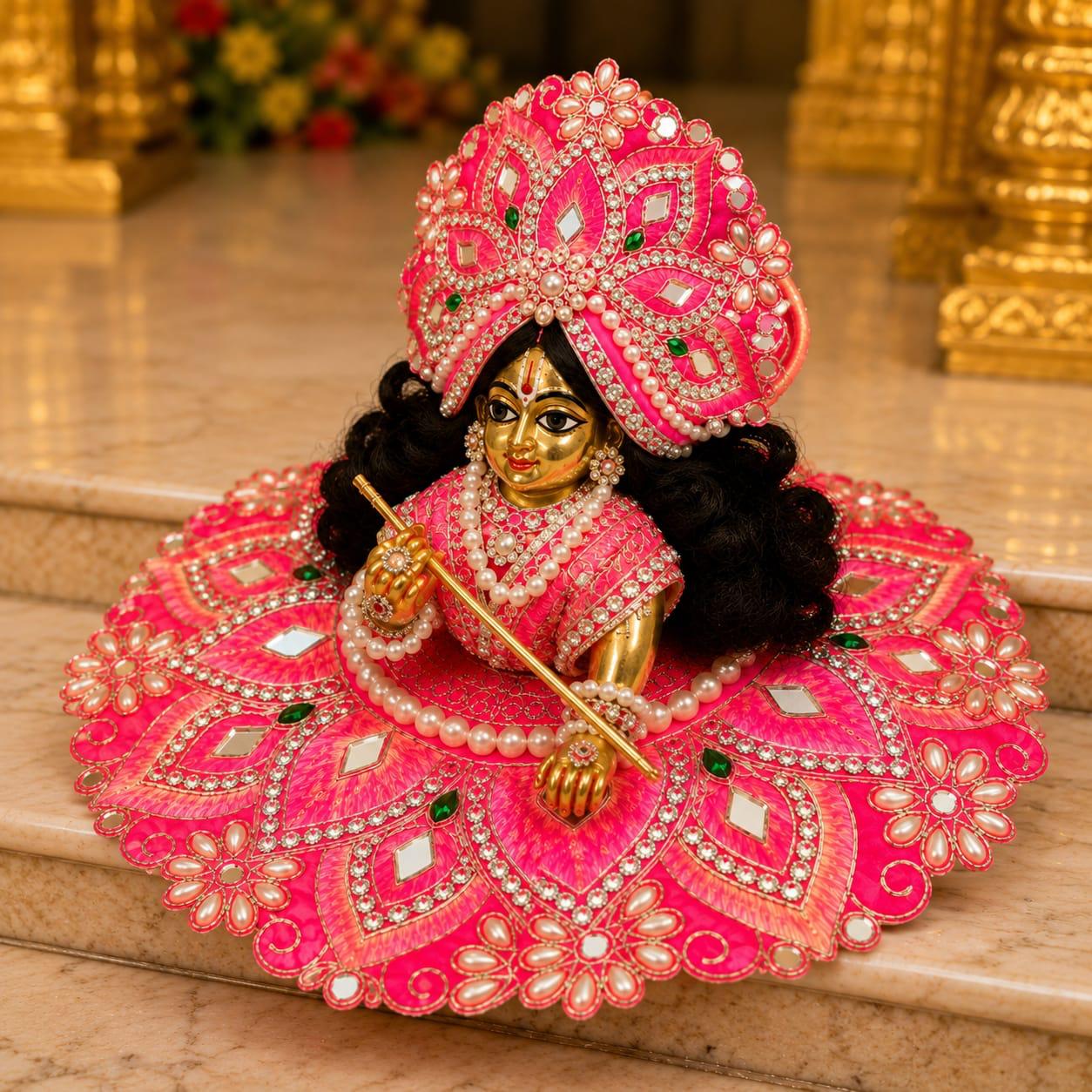 Hot Pink Lotus Laddu Gopal Poshak | Designer Pearl & Mirror Work Krishna Dress with Mukut