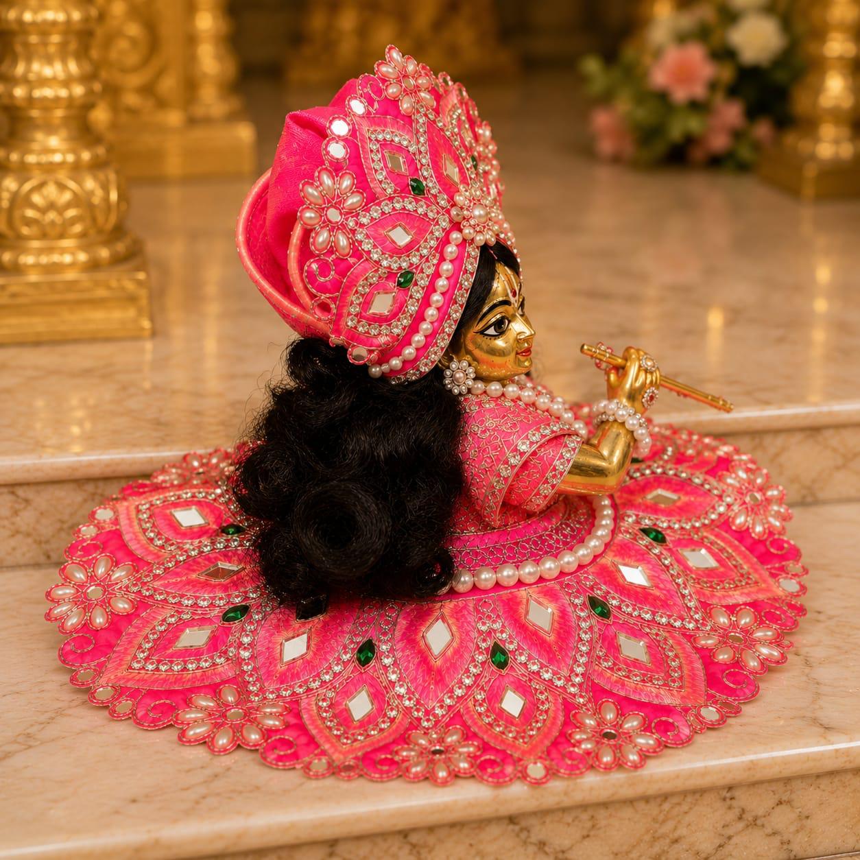 Hot Pink Lotus Laddu Gopal Poshak | Designer Pearl & Mirror Work Krishna Dress with Mukut