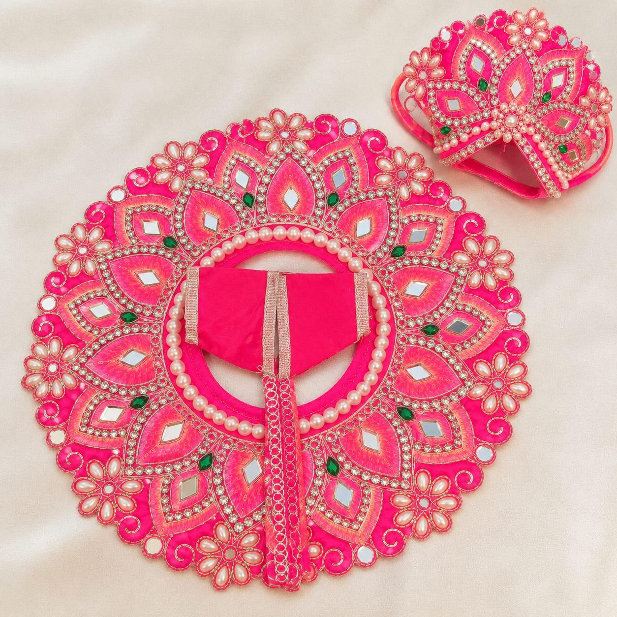 Hot Pink Lotus Laddu Gopal Poshak | Designer Pearl & Mirror Work Krishna Dress with Mukut