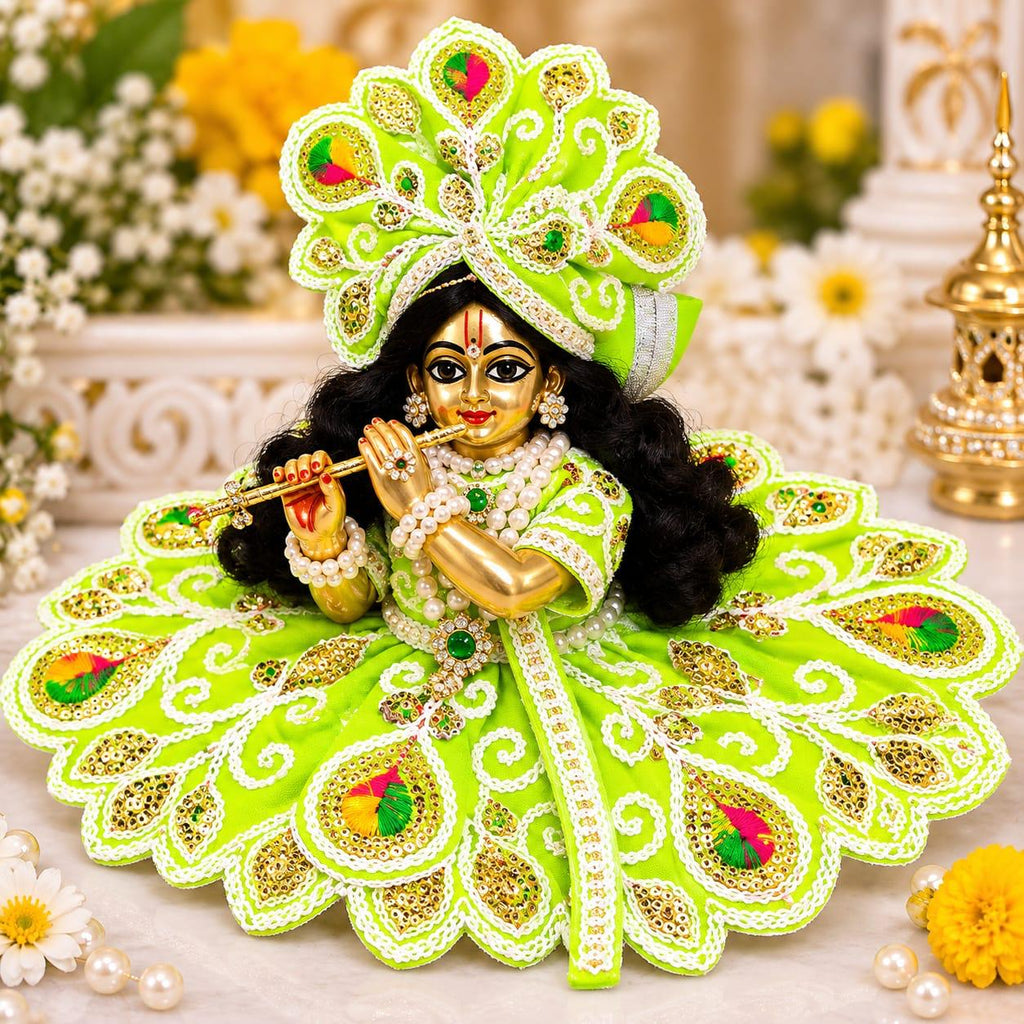 Laddu Gopal Green Peacock Design Designer Poshak with Mukut