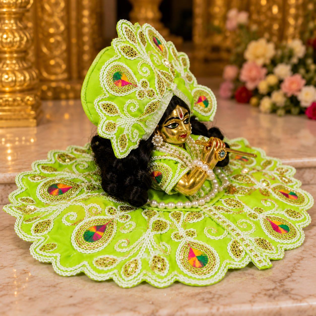 Laddu Gopal Green Peacock Design Designer Poshak with Mukut