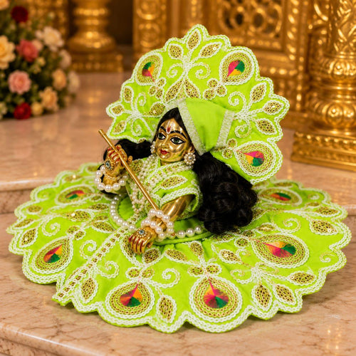 Laddu Gopal Green Peacock Design Designer Poshak with Mukut