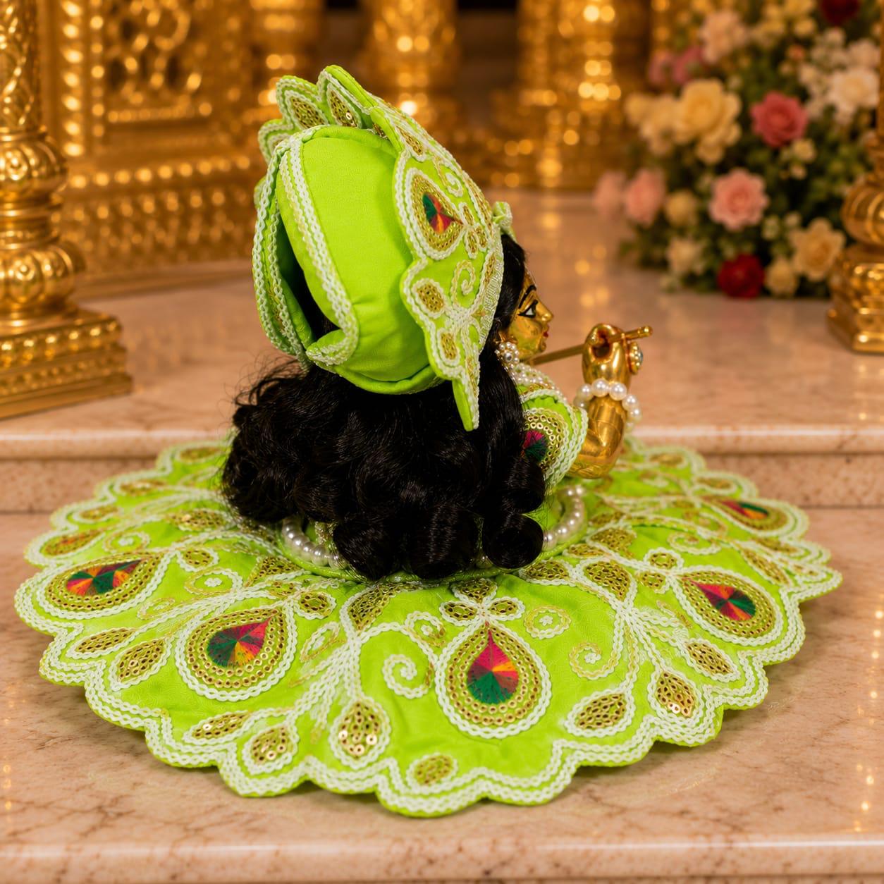 Laddu Gopal Green Peacock Design Designer Poshak with Mukut
