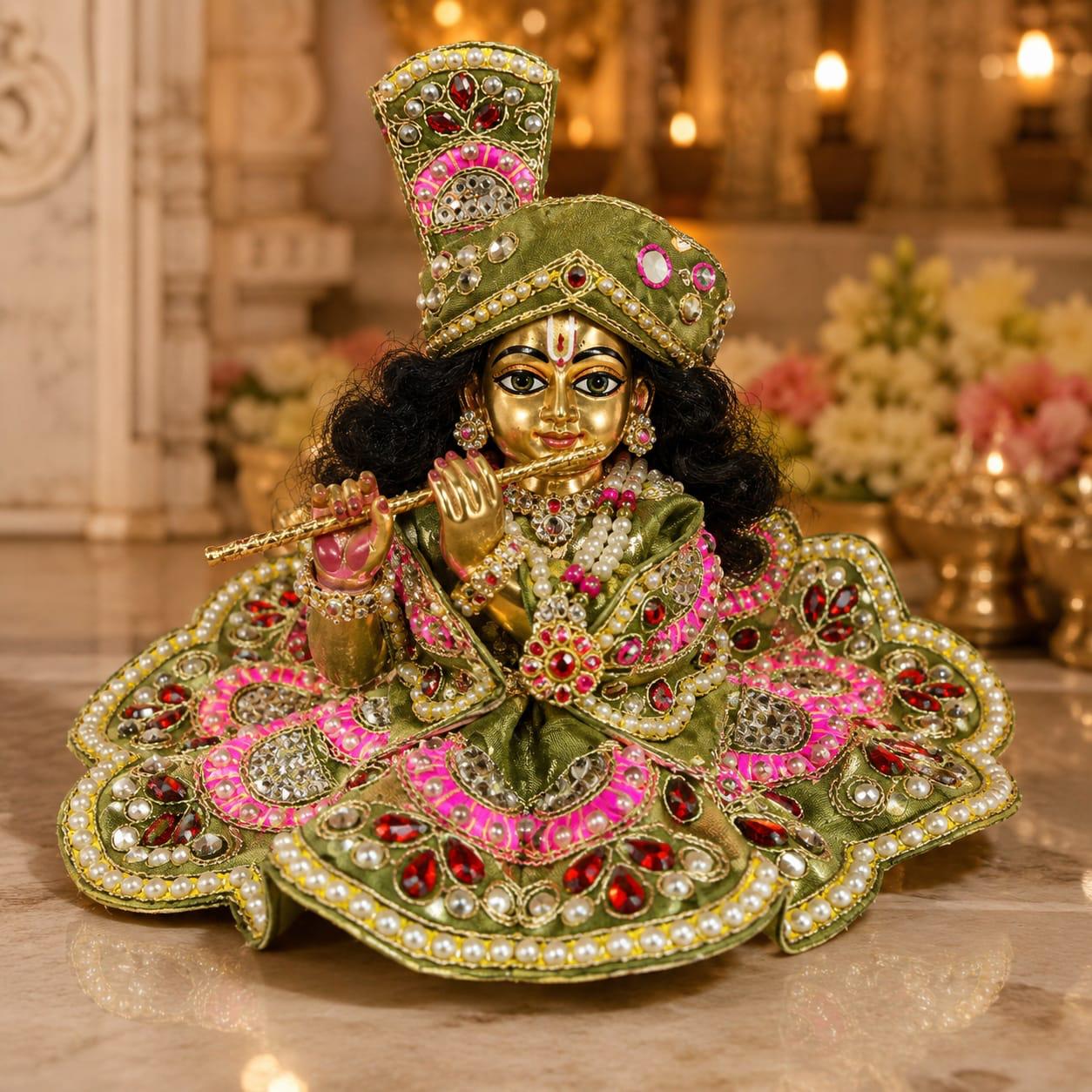 Premium Green & Pink Designer Laddu Gopal Poshak | Pearl & Stone Embellished Thakur Ji Dress Set