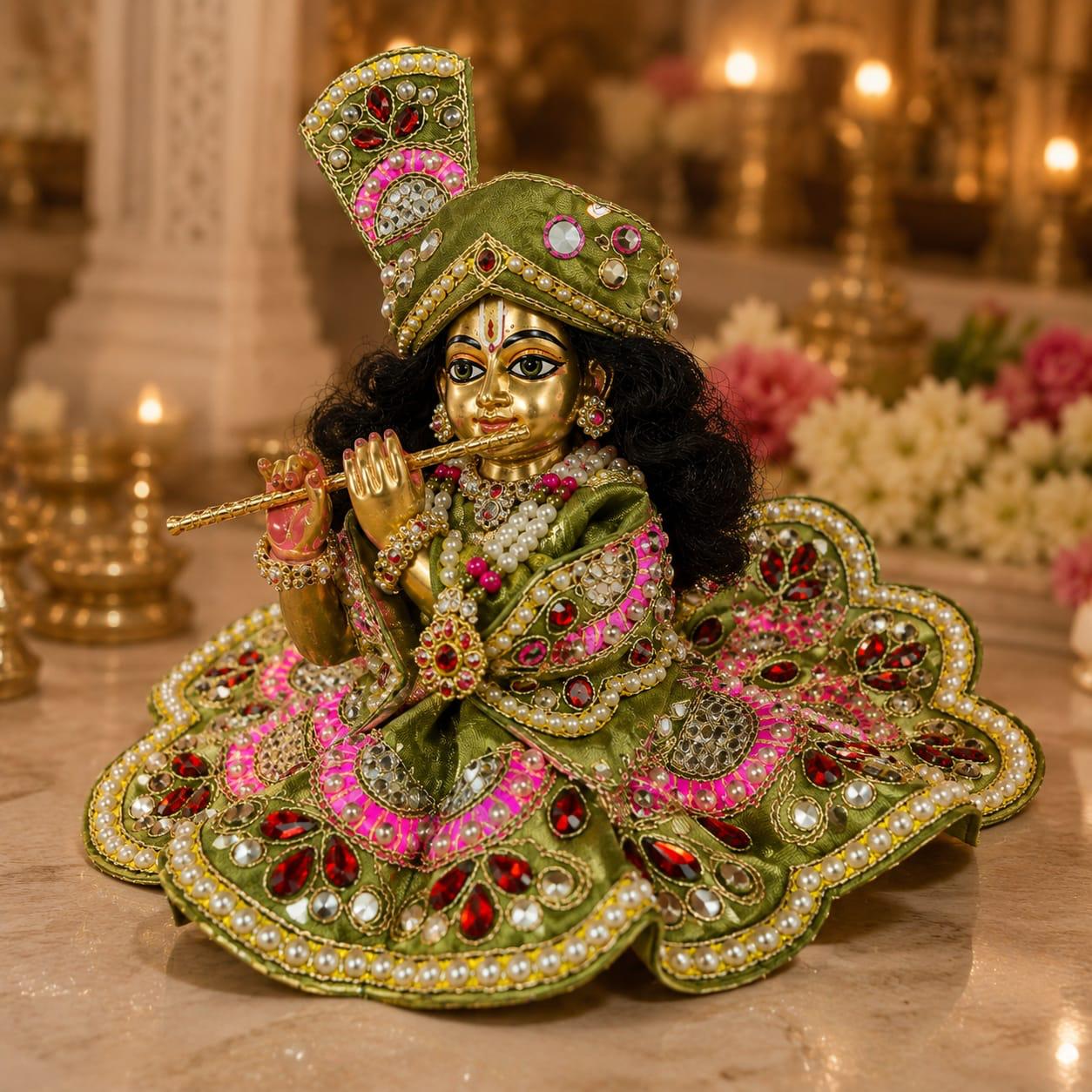 Premium Green & Pink Designer Laddu Gopal Poshak | Pearl & Stone Embellished Thakur Ji Dress Set