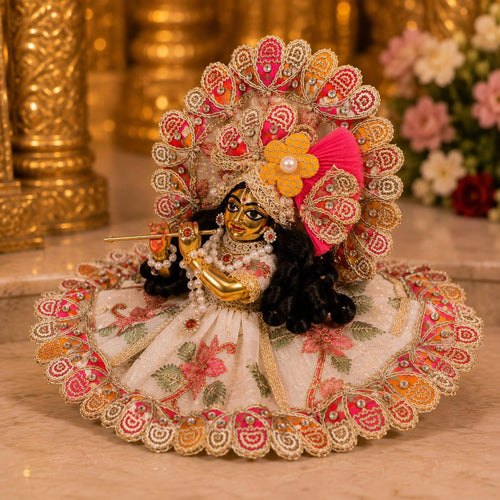 Elegant Cream & Pink Laddu Gopal Poshak with Mukut & Shringar Accessories