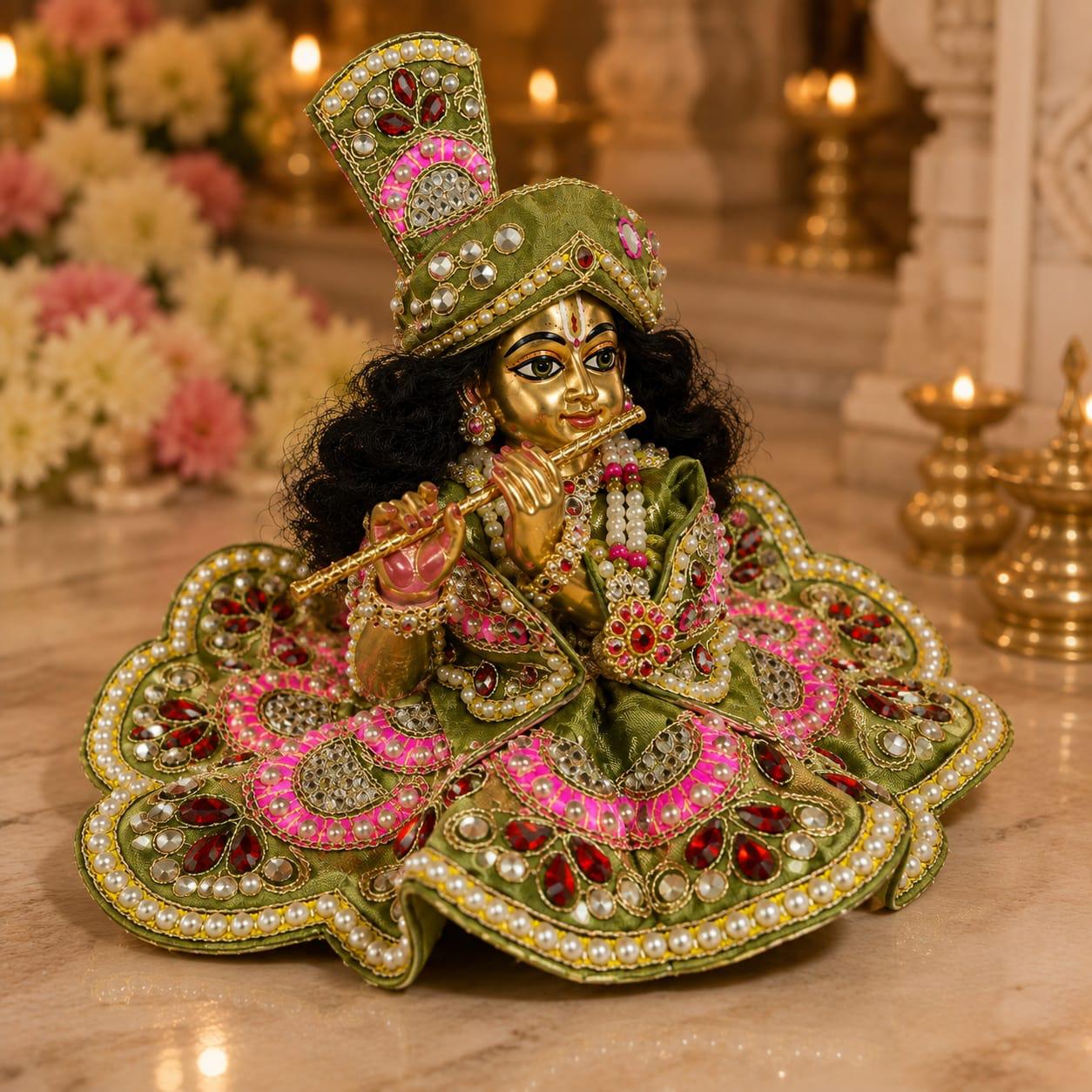 Premium Green & Pink Designer Laddu Gopal Poshak | Pearl & Stone Embellished Thakur Ji Dress Set