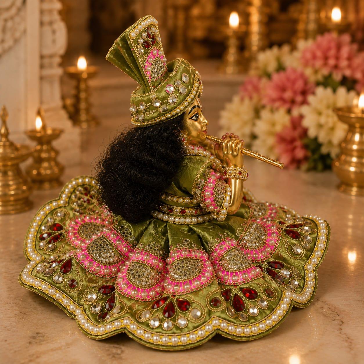 Premium Green & Pink Designer Laddu Gopal Poshak | Pearl & Stone Embellished Thakur Ji Dress Set
