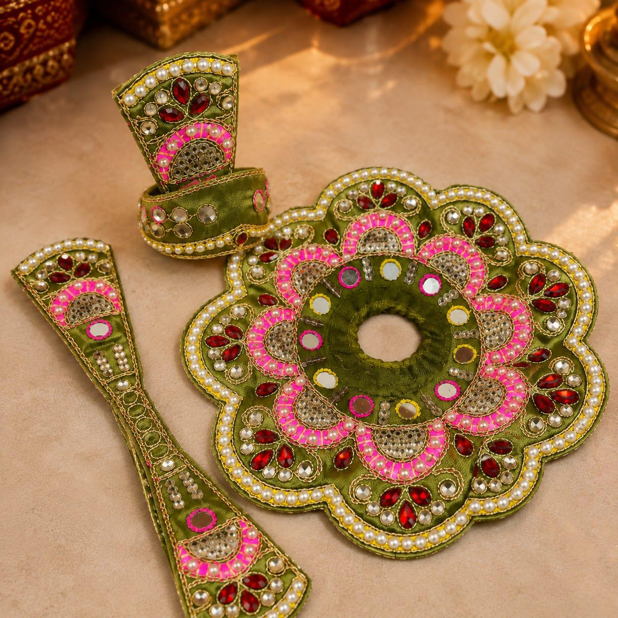 Premium Green & Pink Designer Laddu Gopal Poshak | Pearl & Stone Embellished Thakur Ji Dress Set