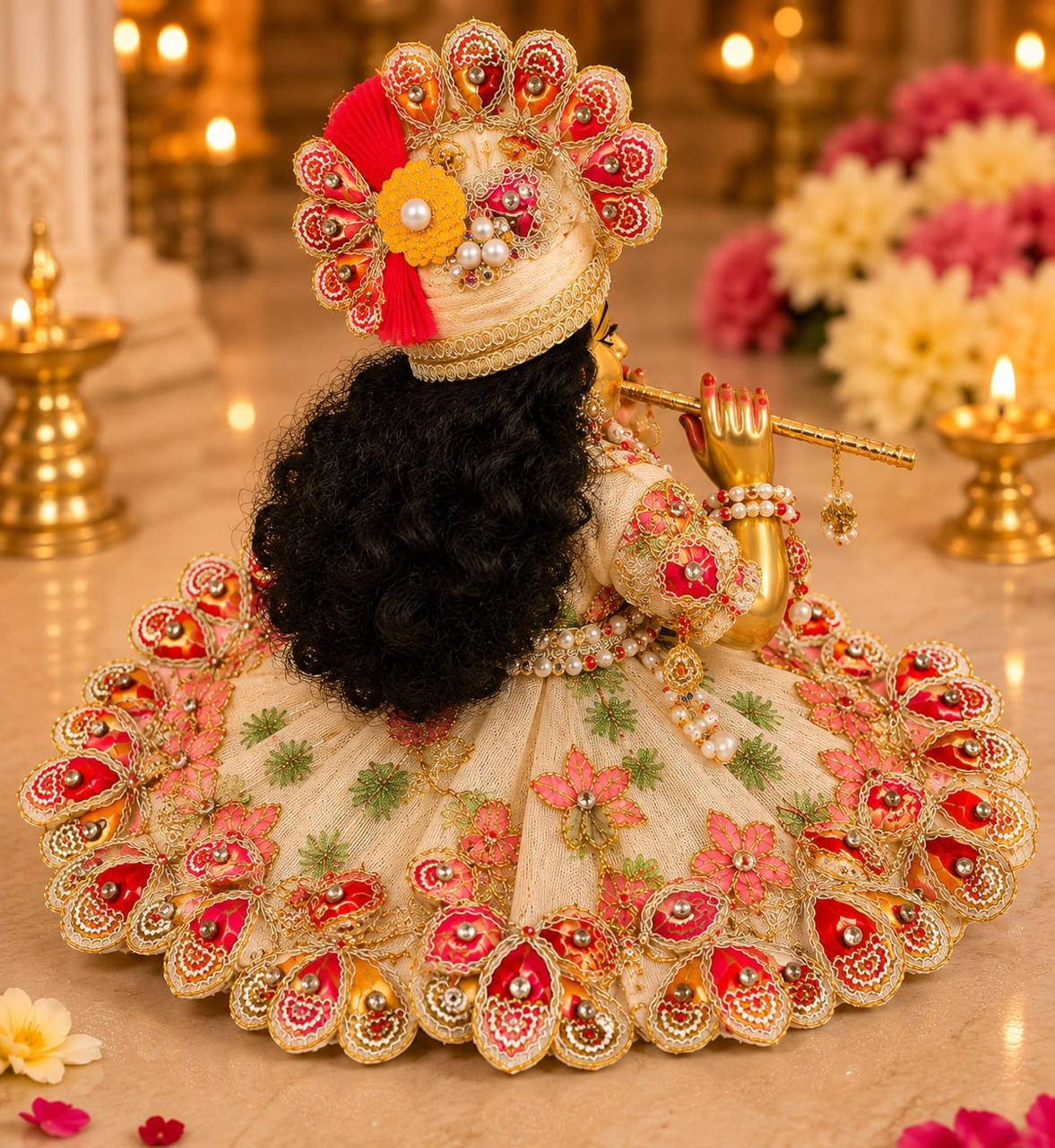 Elegant Cream & Pink Laddu Gopal Poshak with Mukut & Shringar Accessories