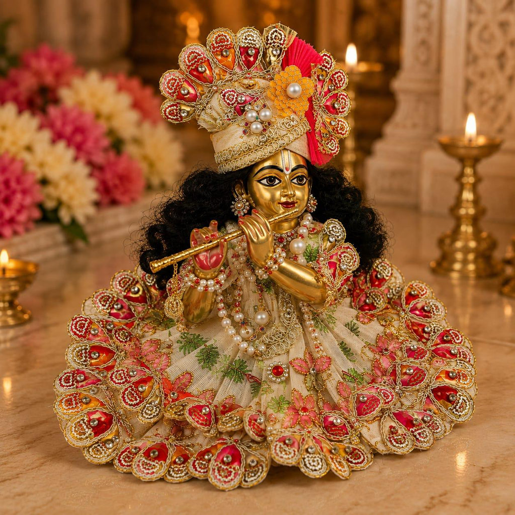 Elegant Cream & Pink Laddu Gopal Poshak with Mukut & Shringar Accessories