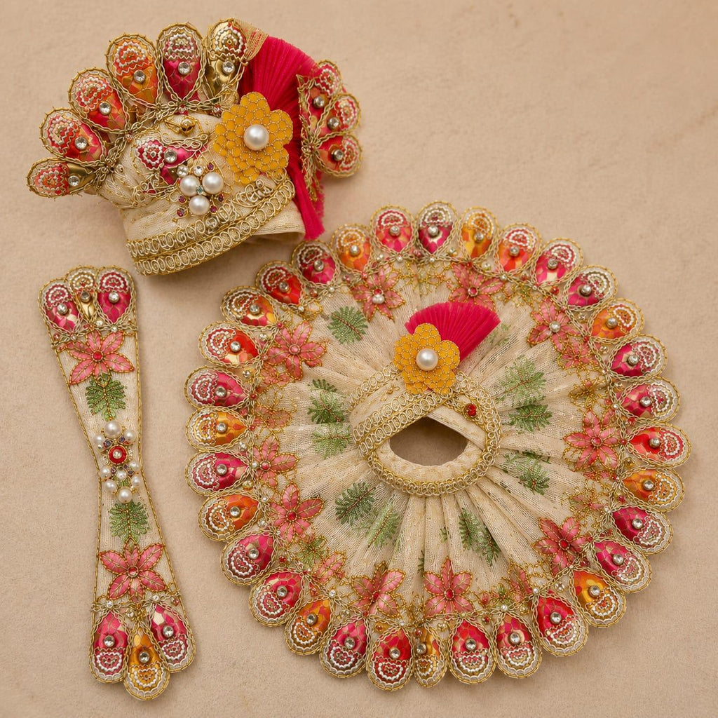 Elegant Cream & Pink Laddu Gopal Poshak with Mukut & Shringar Accessories